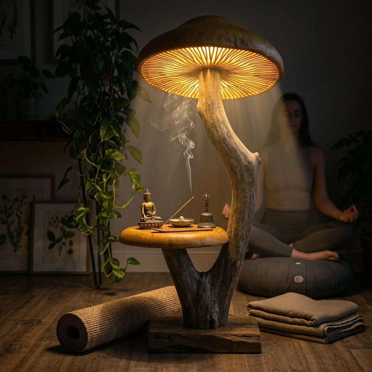 Geschwungene Treibholz-Pilz-Stehlampe mit leuchtendem Hut auf Altholzfuß in einem gemütlichen Meditationsraum
