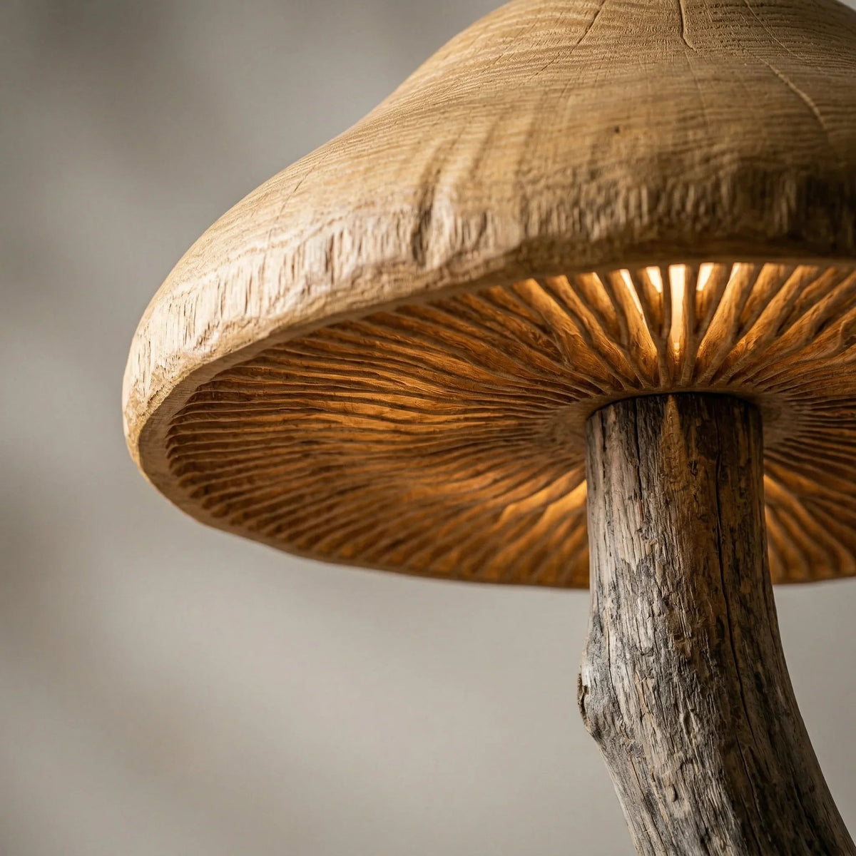 Geschwungene Treibholz-Pilz-Stehlampe mit breitem Holzhut und leuchtenden Lamellendetails