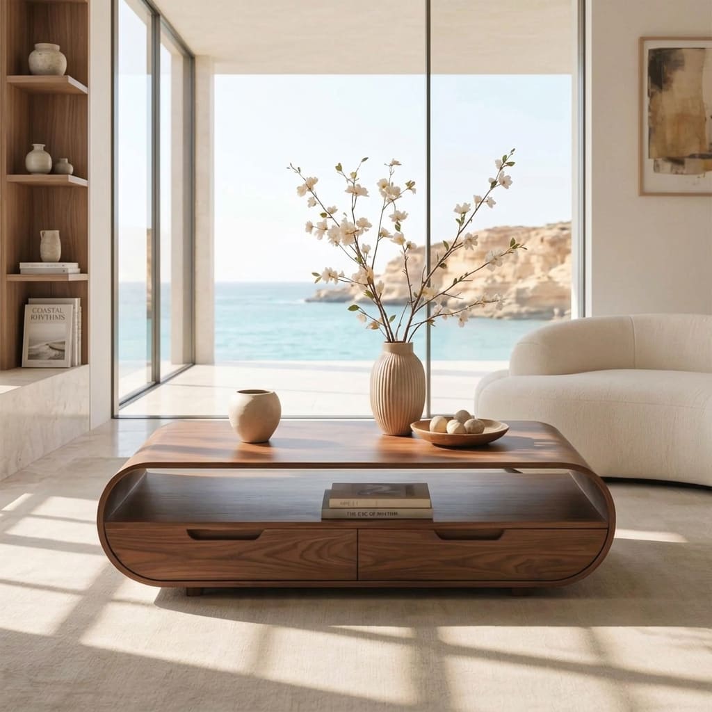 Geschwungener Couchtisch aus Massivholz, gestylt in einem modernen Wohnzimmer