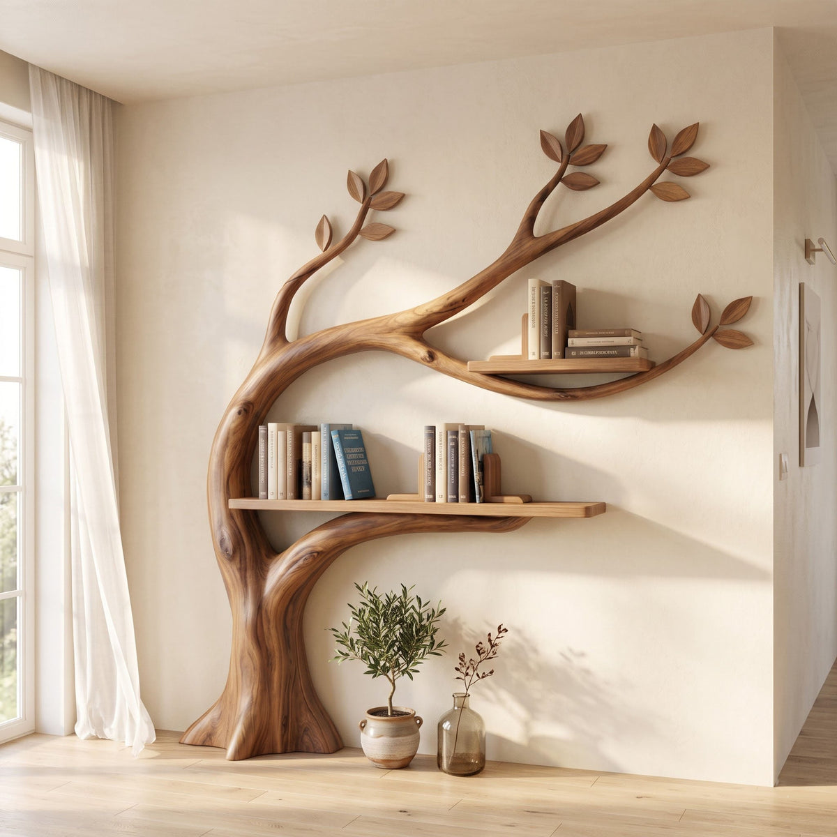 Botanisches Wand-Bücherregal mit geschwungenem Stamm aus Massivholz