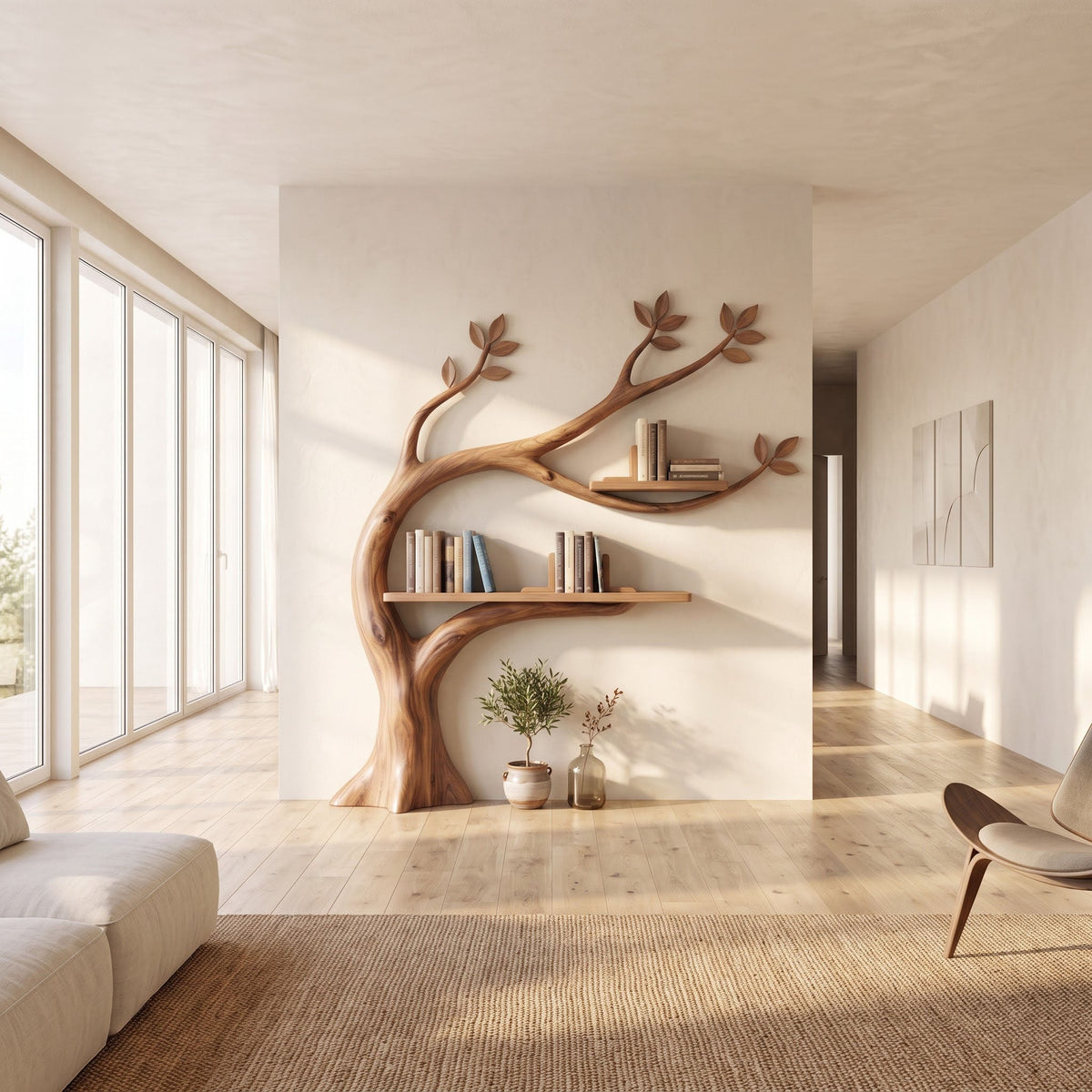 Handwerkliches botanisches Schauregal aus massivem Hartholz, das die Wand einer luxuriösen Heimbibliothek aufwertet