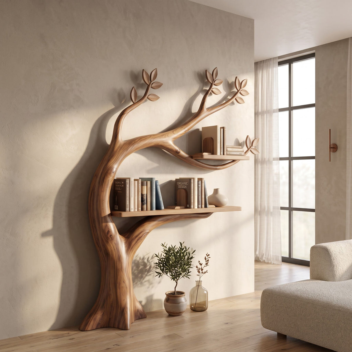 Zeitgenössisches geschwungenes Baum-Bücherregal aus Massivholz, montiert in einem luftigen Wohnzimmer