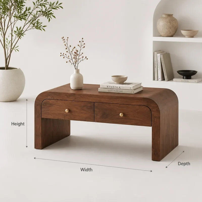 Geschwungener Couchtisch aus Massivholz – Organisch-moderner Couchtisch mit Stauschubladen