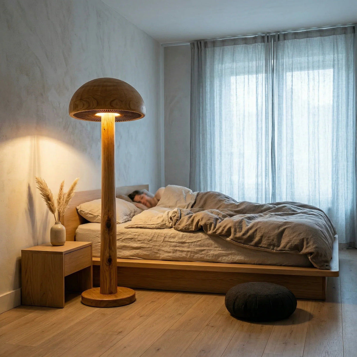 Pilz-Stehlampe mit handgeschnitzten Holzdetails neben dem Bett in einem gemütlichen Schlafzimmer
