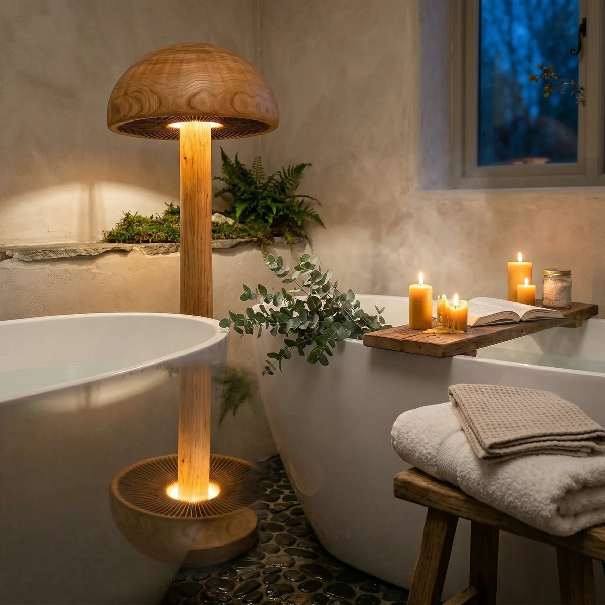 Pilz-Stehlampe mit geschnitztem Holz-Lamellendetail neben einer modernen Badewanne, Spa-Kerzen brennen