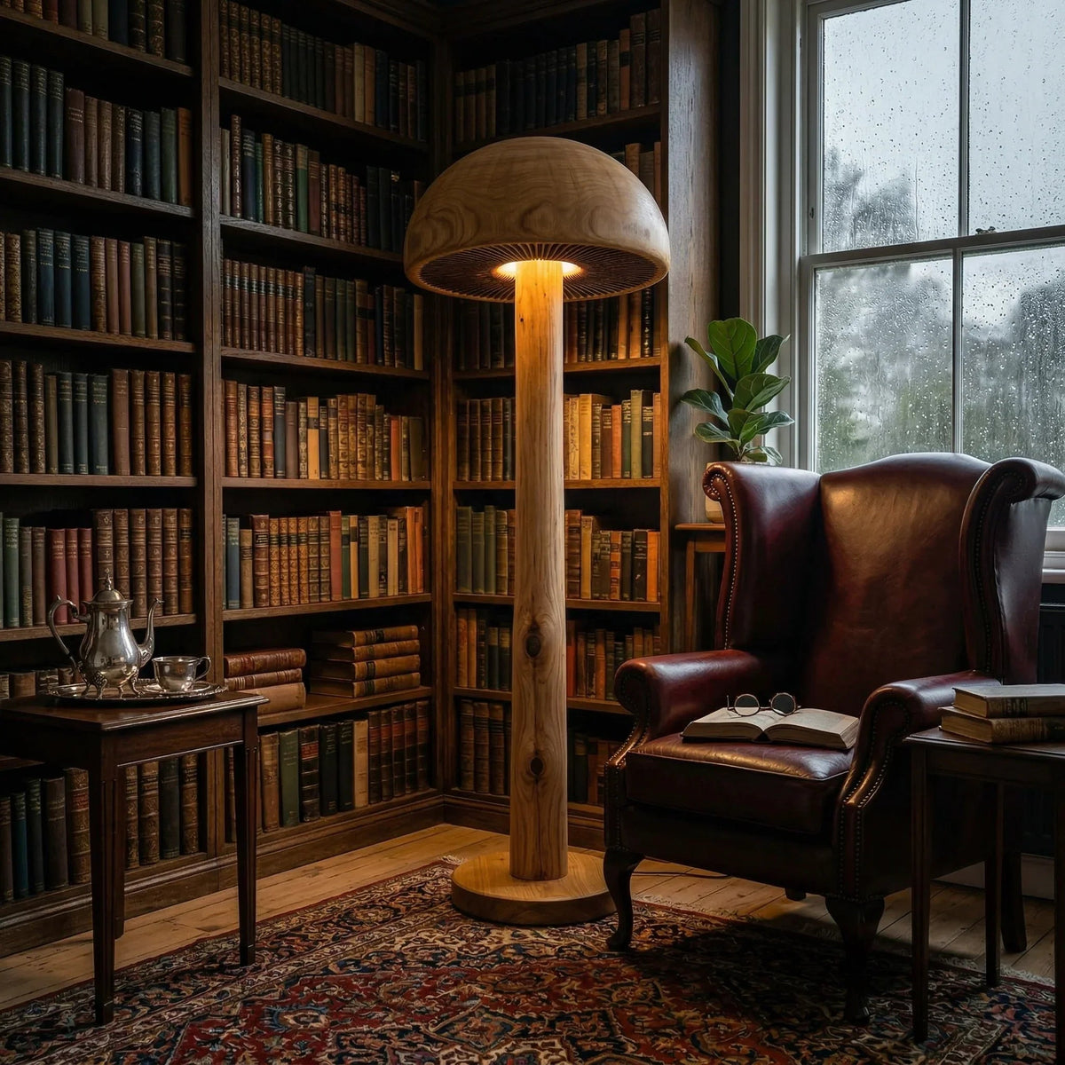 Pilz-Stehlampe mit tiefer Kuppel, geschnitztem Lamellendetail und Massivholzstiel in einer gemütlichen Bibliothek