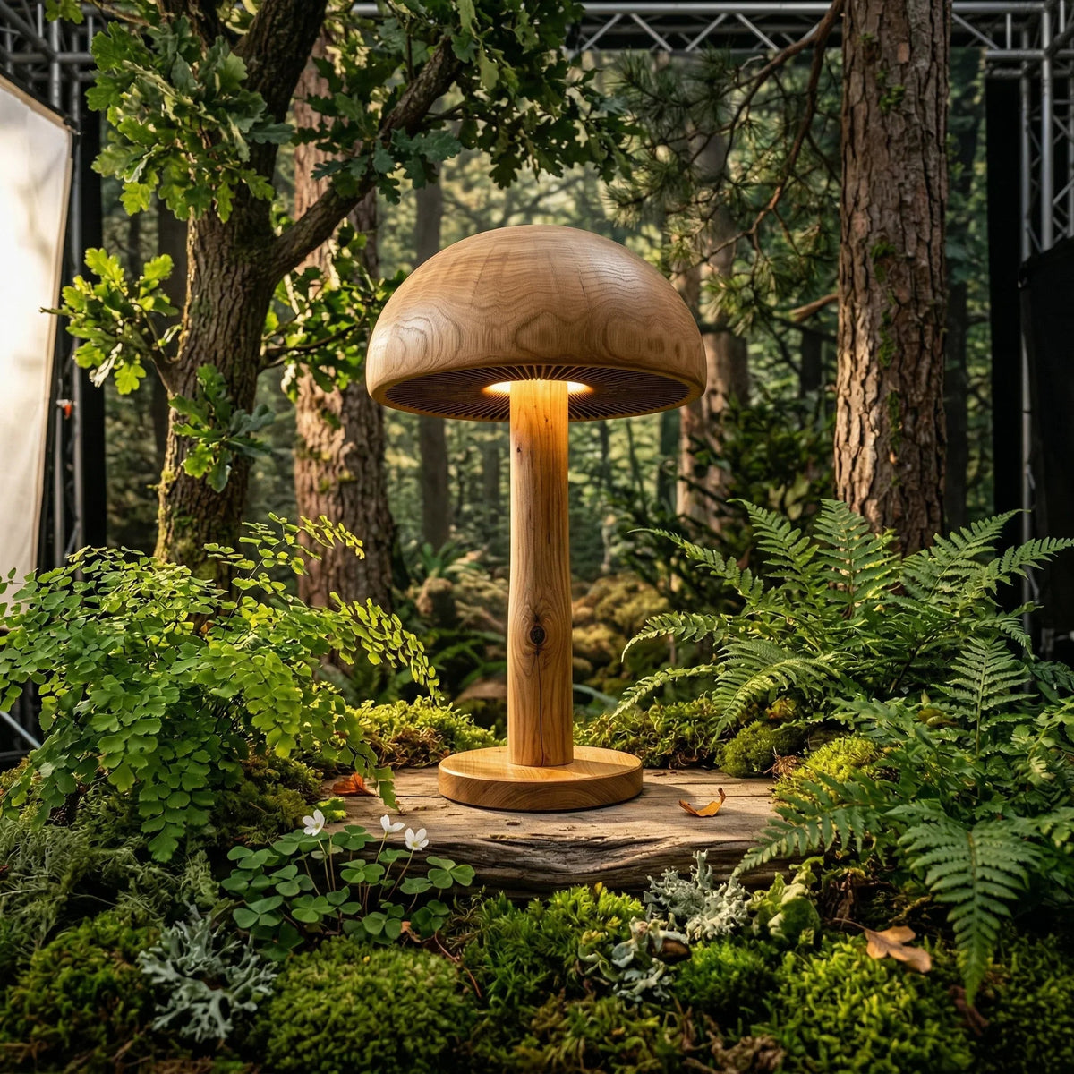 Pilz-Stehlampe aus Massivholz mit geschnitztem Lamellendetail in einer üppigen Waldszene