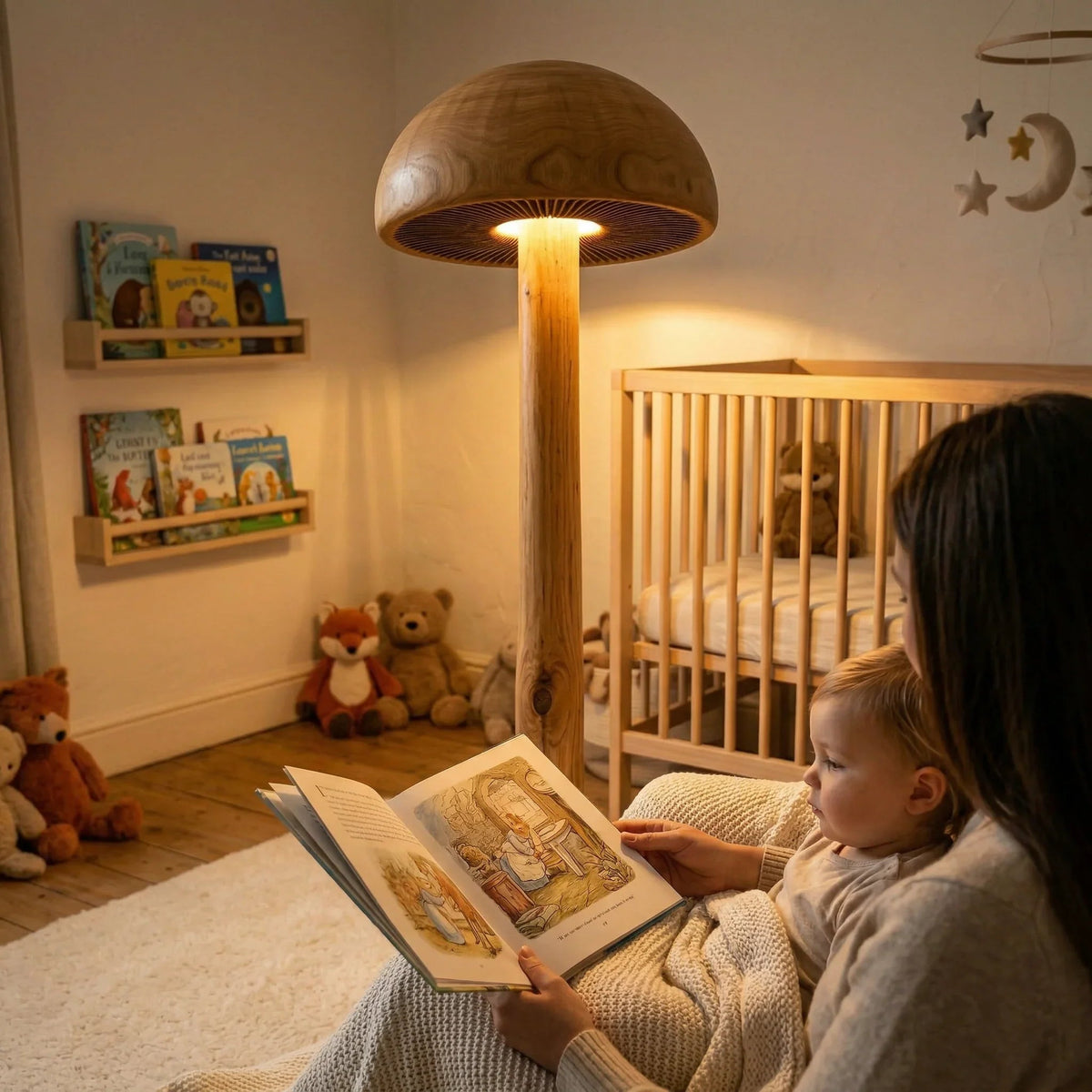 Kind und Erwachsener lesen neben einer pilzförmigen Holz-Stehlampe in einem gemütlichen Babyzimmer