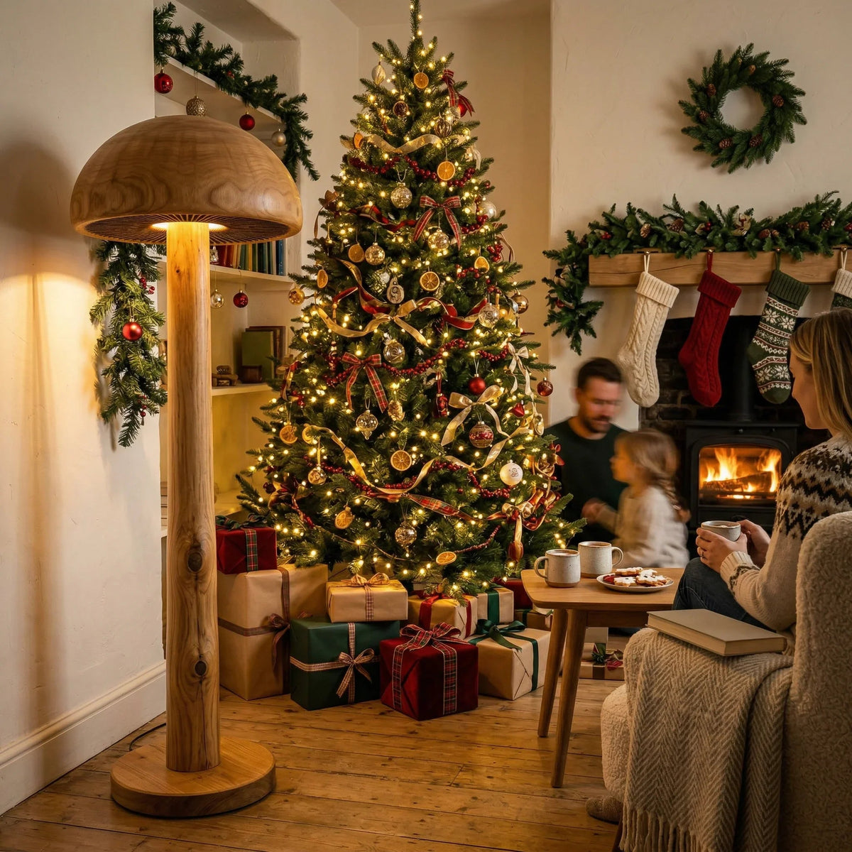 Pilz-Stehlampe aus Massivholz mit geschnitztem Lamellendetail neben einem geschmückten Weihnachtsbaum
