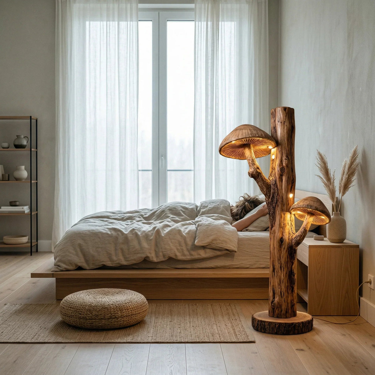 Doppelte Pilz-Stehlampe mit geschnitztem Holzstamm und beleuchteten Lamellenhüten in einem gemütlichen Schlafzimmer.