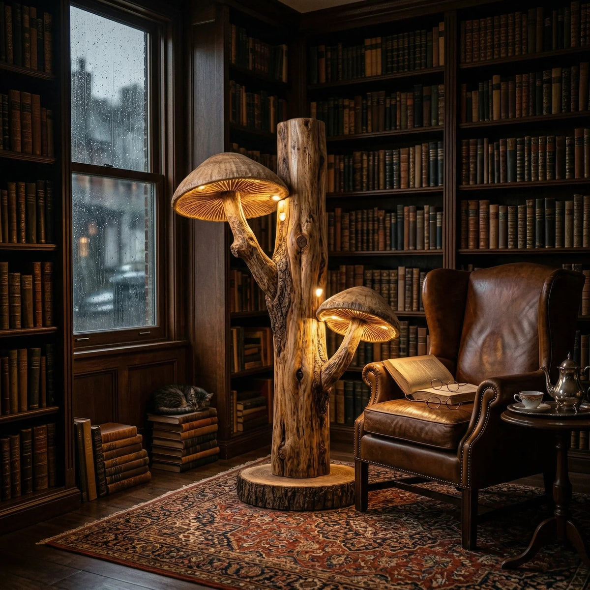 Doppelte Pilz-Stehlampe mit handgeschnitztem Holzstamm und leuchtenden Hüten in einer gemütlichen Bibliothek
