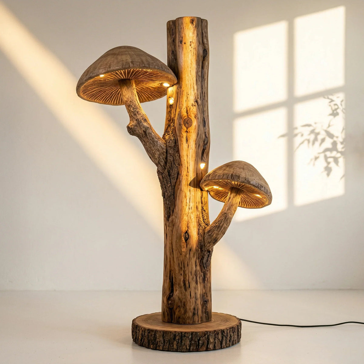 Doppelte Pilz-Stehlampe mit handgeschnitztem Holz, Baumstammfuß und leuchtenden Hüten