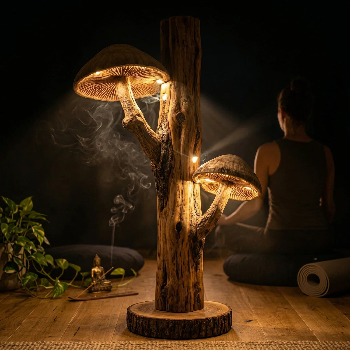 Doppelte pilzförmige Stehlampe mit geschnitztem Holzfuß, leuchtenden Lamellenhüten und naturinspiriertem Dekor.