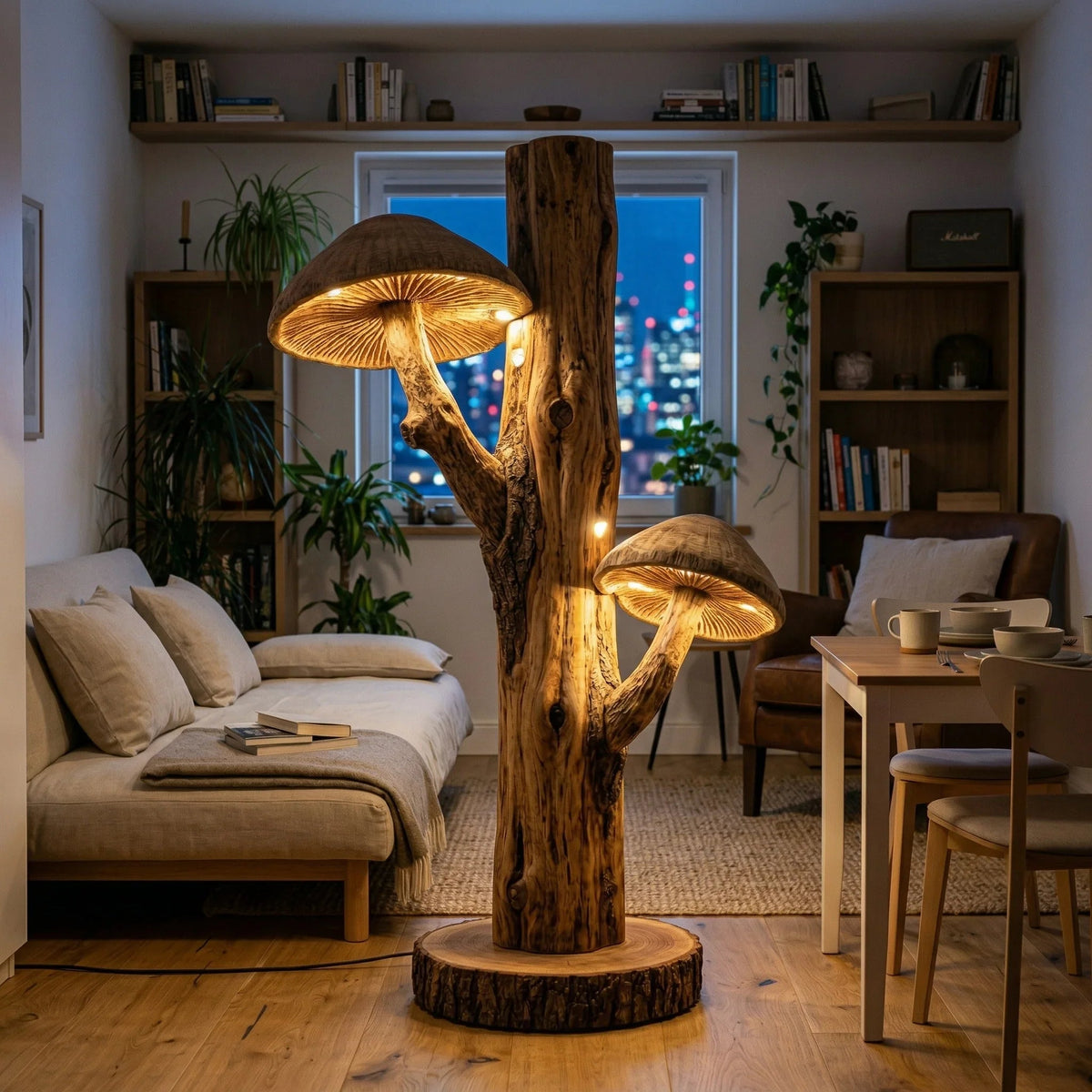 Doppelte pilzförmige Stehlampe mit handgeschnitztem Holz auf Baumstammfuß in einem gemütlichen Wohnzimmer