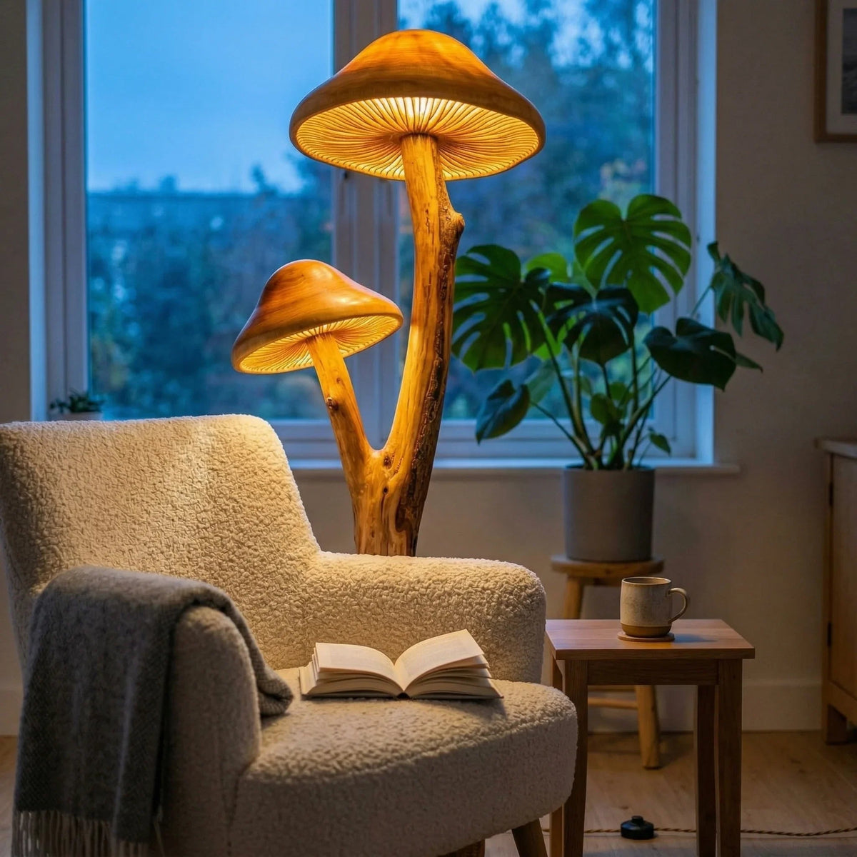 Doppelte pilzförmige Stehlampe mit skulptiertem Holzständer in einem gemütlichen Wohnzimmer