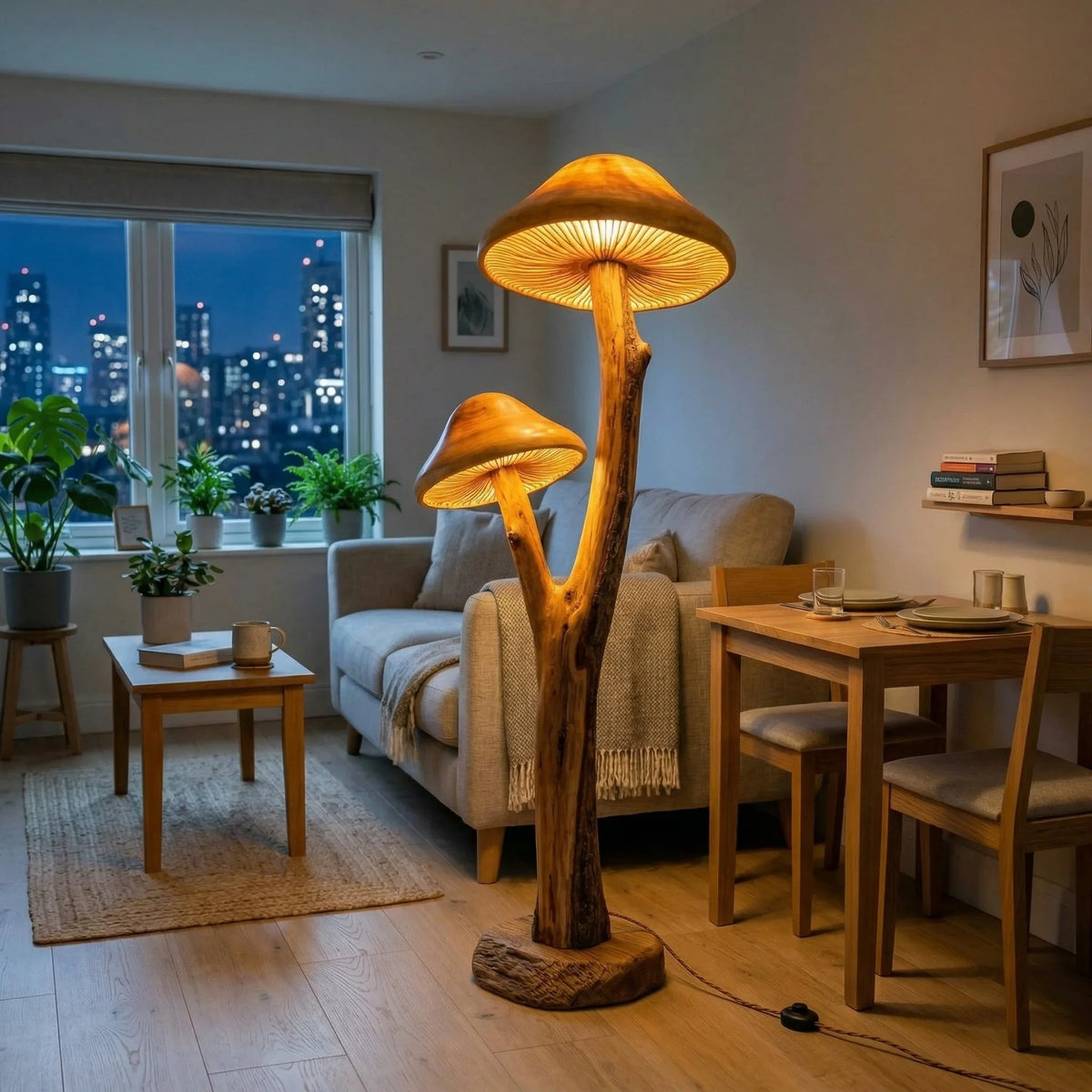 Doppelte Pilz-Stehlampe mit skulptiertem Holz-Astfuß in einem gemütlichen modernen Wohnzimmer