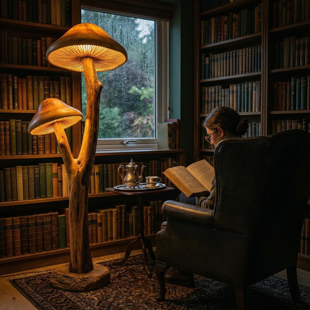 Doppelte Pilz-Stehlampe mit skulptiertem Holzstiel und Baumkanten-Fuß in einer gemütlichen Bibliothek