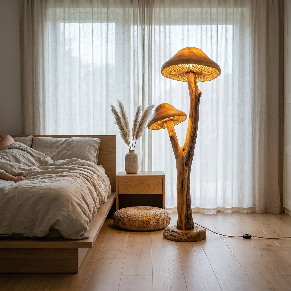 Pilz-Stehlampe mit skulptiertem Holzfuß und zwei beleuchteten Hüten in einem gemütlichen Schlafzimmer