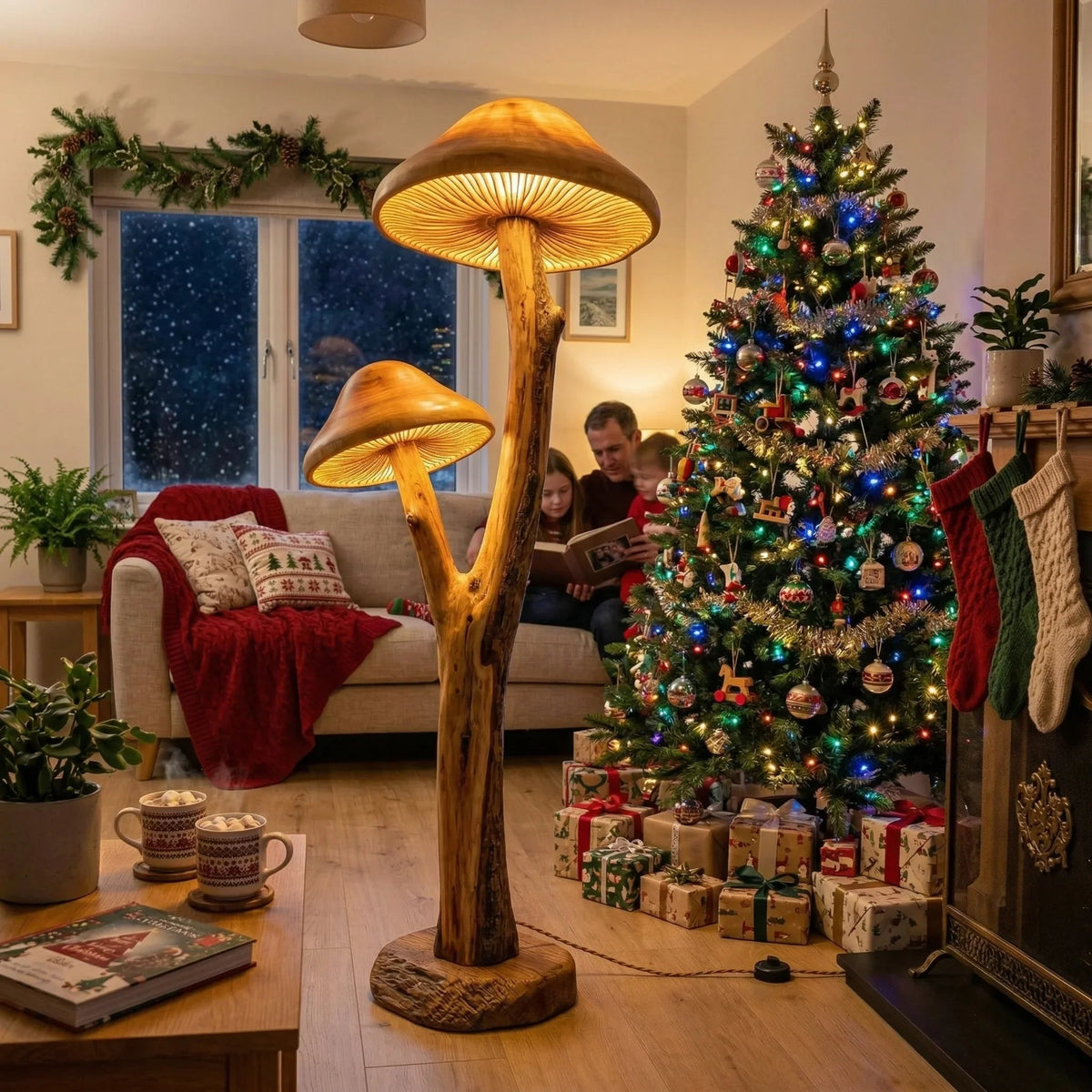 Doppelte pilzförmige Stehlampe mit skulptiertem Holzfuß in einem gemütlichen weihnachtlichen Wohnzimmer
