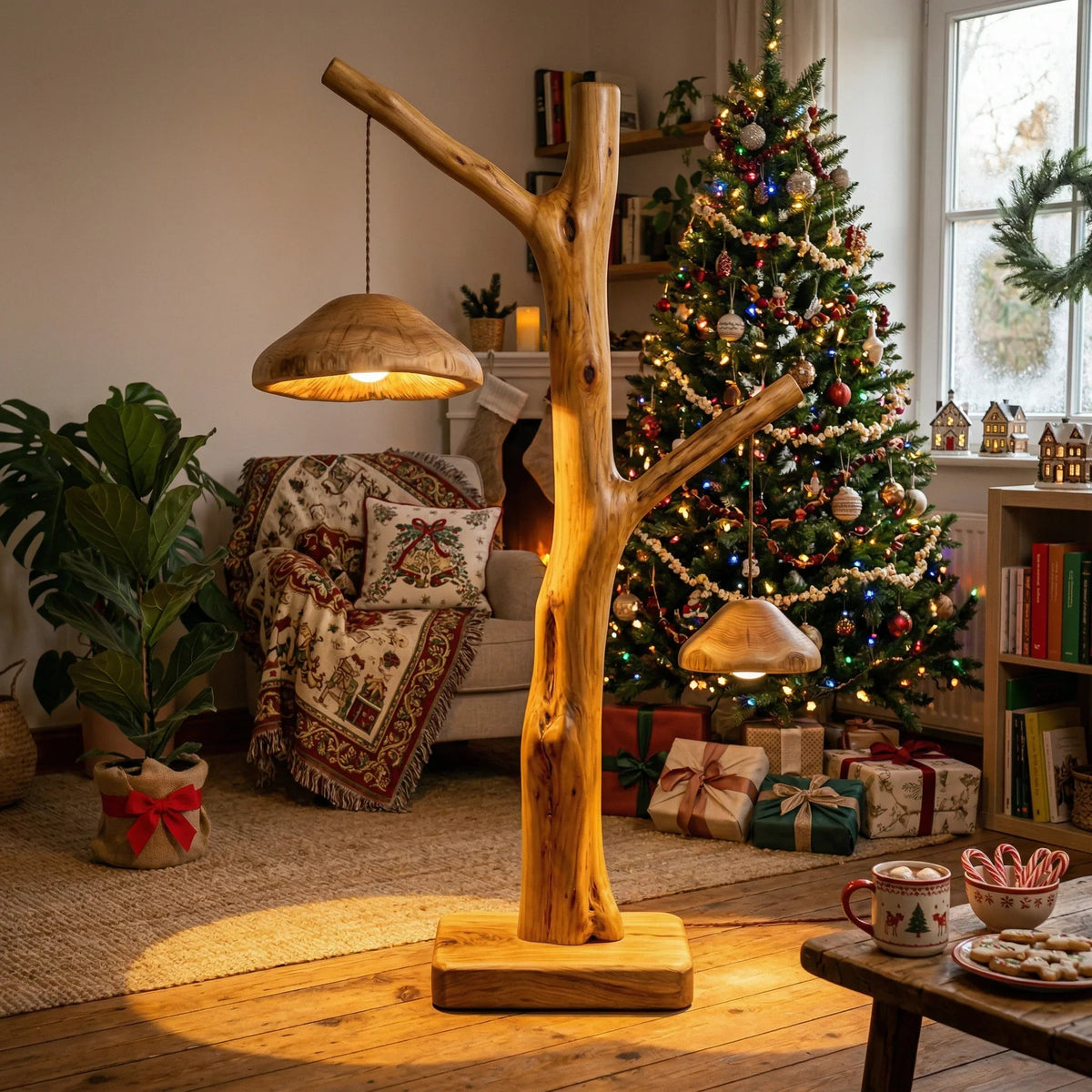 Baum-Stehlampe mit zwei pilzförmigen Holz-Pendelleuchten in einem gemütlichen Wohnzimmer, Weihnachtsdekor