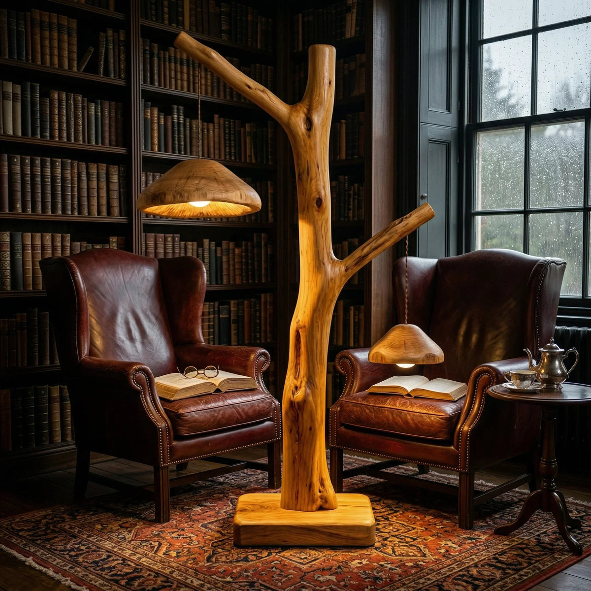 Doppelte Pendel-Stehlampe mit pilzinspirierten Holzschirmen auf natürlichem Astfuß in einer gemütlichen Leseecke.