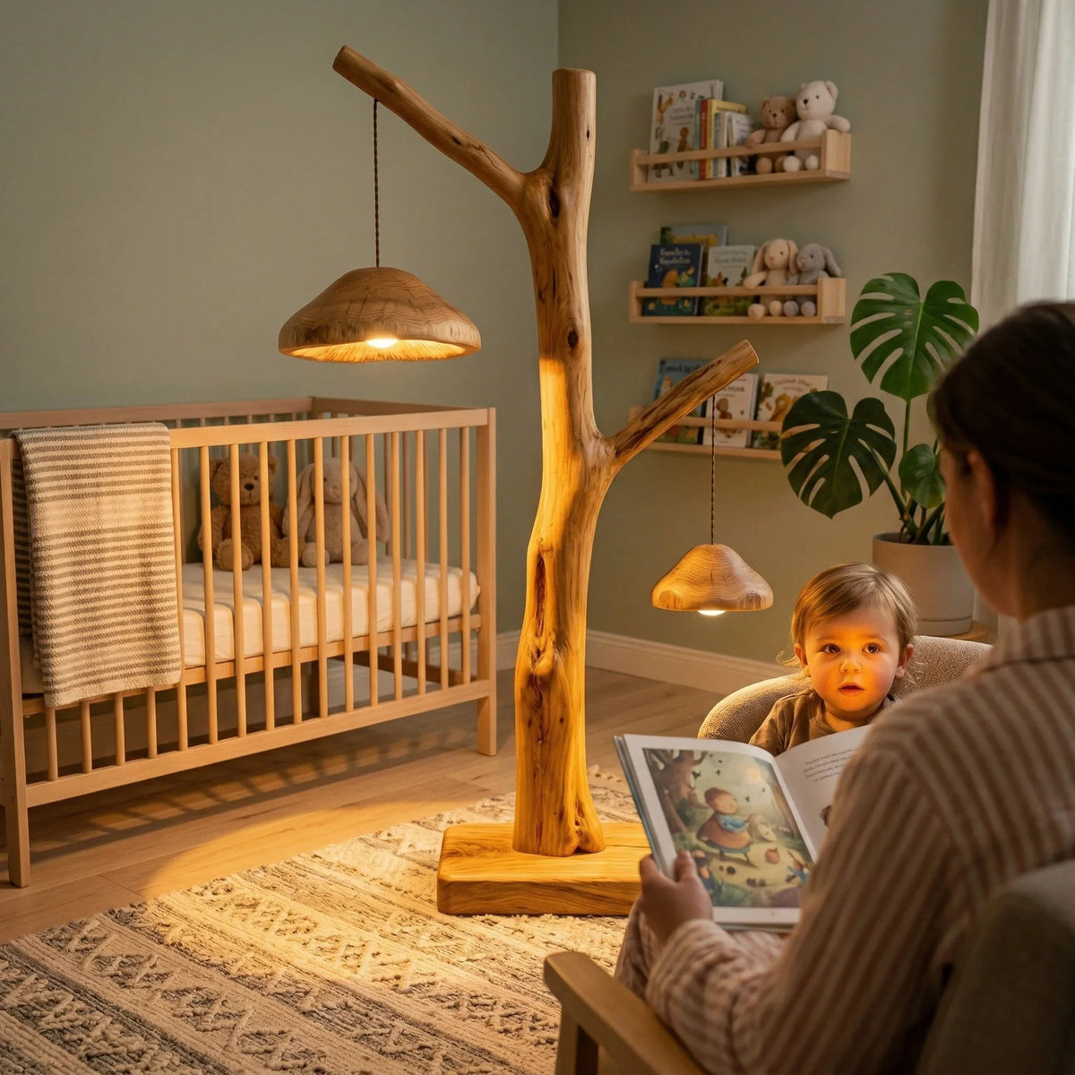 Baum-Stehlampe mit doppelten Pilz-Pendelschirmen in einem gemütlichen Babyzimmer