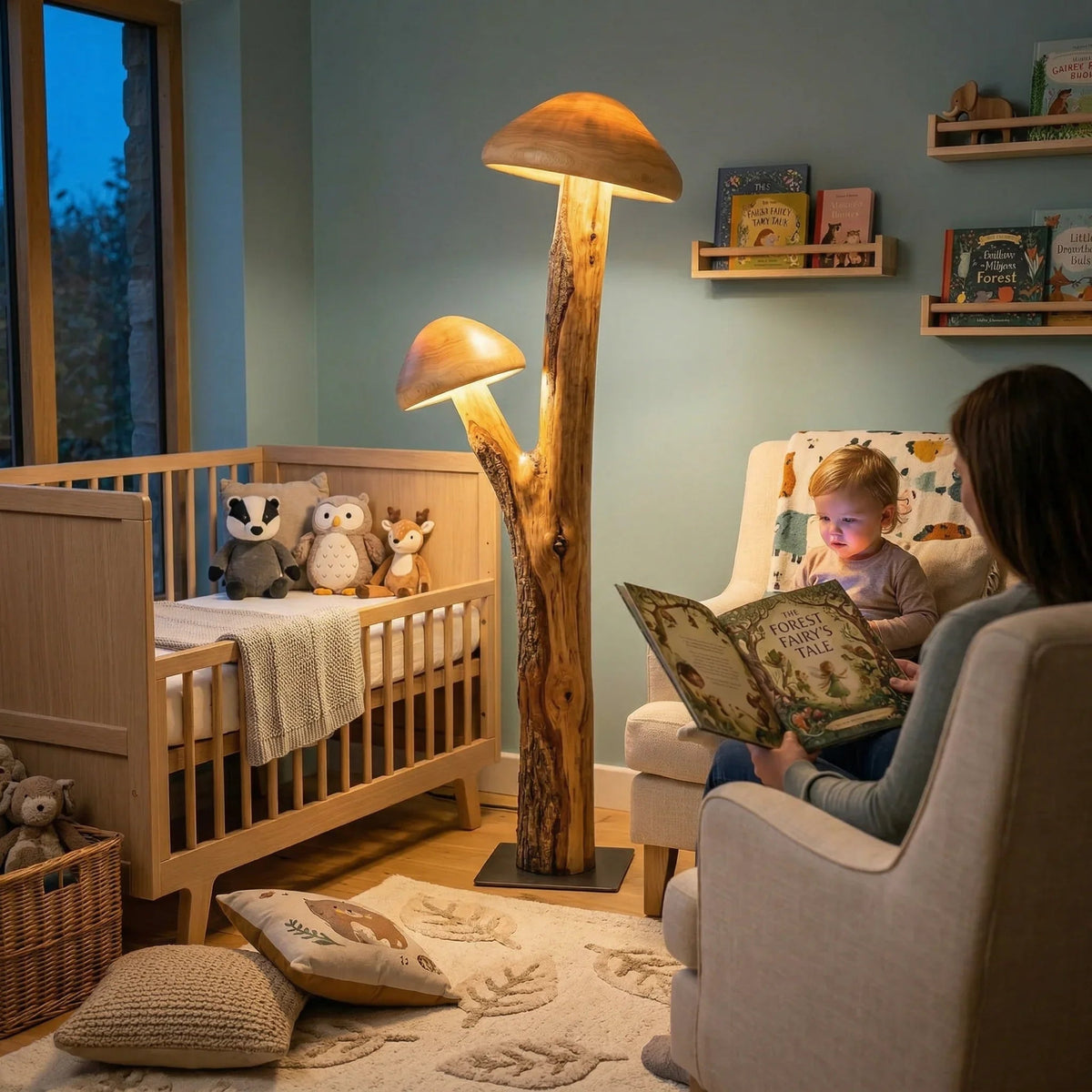 Doppelte Pilzhut-Stehlampe mit natürlichem Holzstamm in einem gemütlichen Babyzimmer.