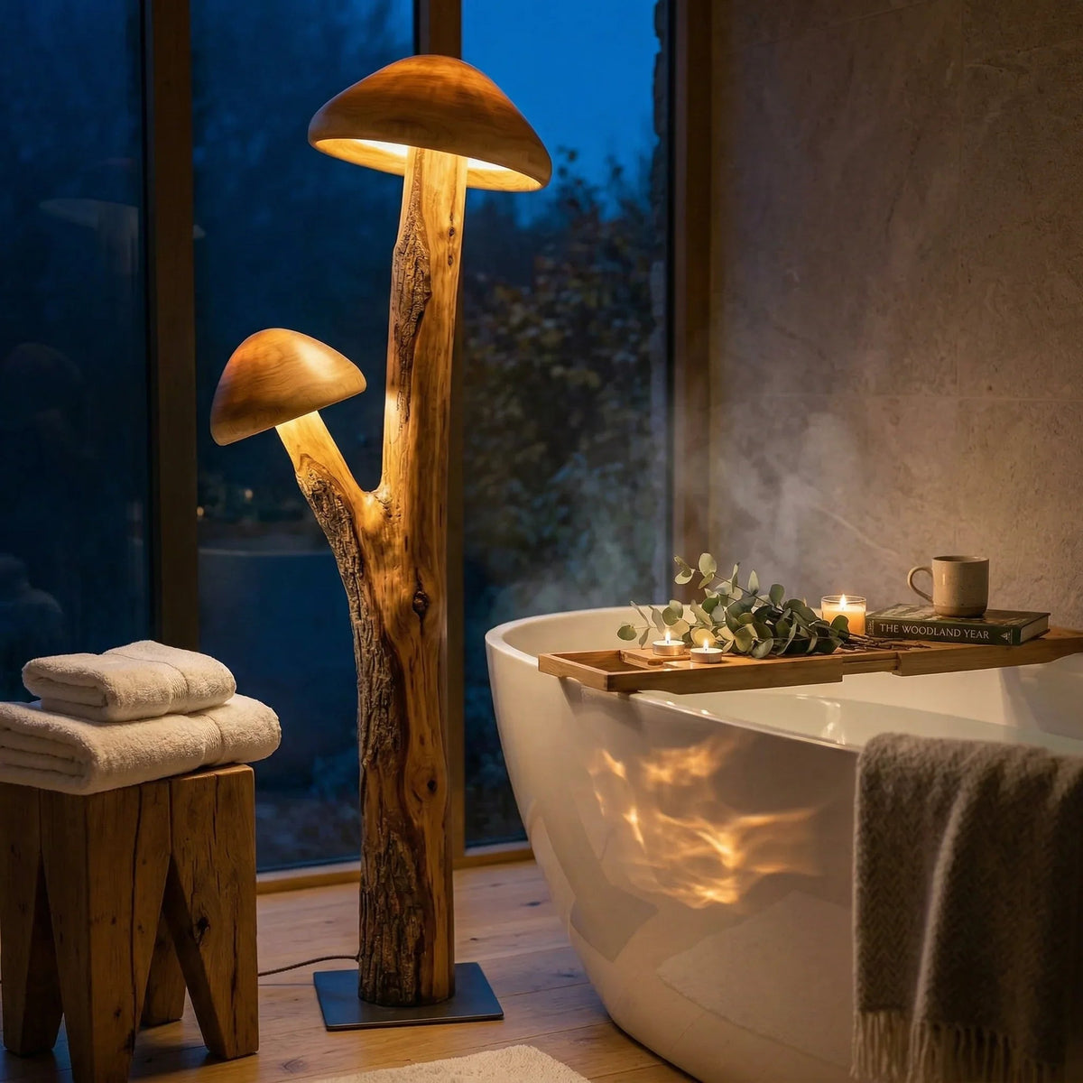 Doppelte Pilz-Stehlampe mit leuchtenden Holzhüten und natürlichem Stamm neben einer modernen Badewanne.