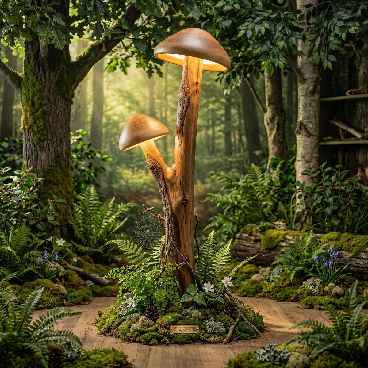 Doppelte transluzente Pilz-Stehlampe mit natürlichem Holzstamm und leuchtenden Hüten in einer Waldszene