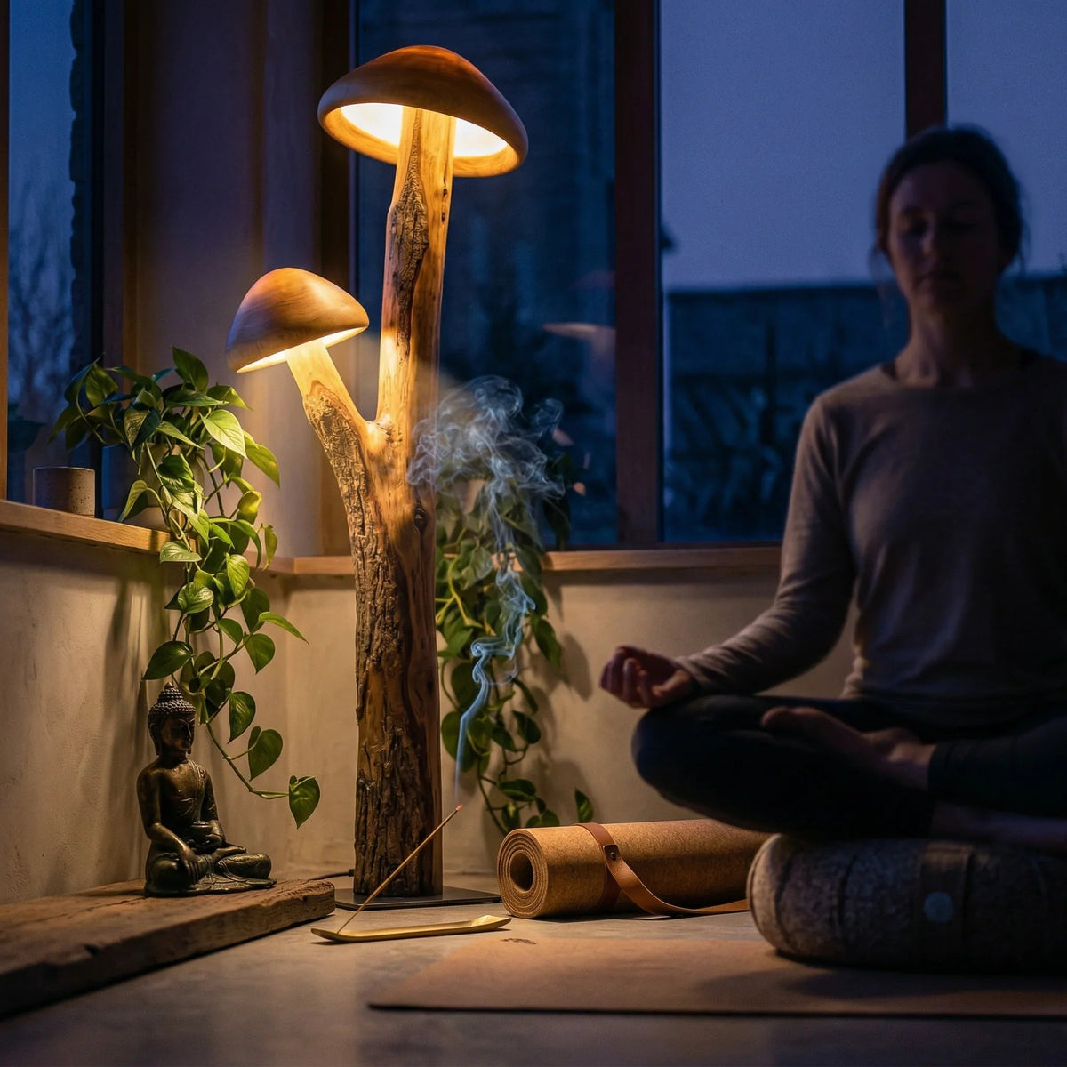 Doppelte Pilz-Stehlampe mit leuchtenden transluzenten Hüten auf natürlichem Holzstamm, Metallfuß, in einem gemütlichen Raum mit Pflanzen und Meditationsdekor.