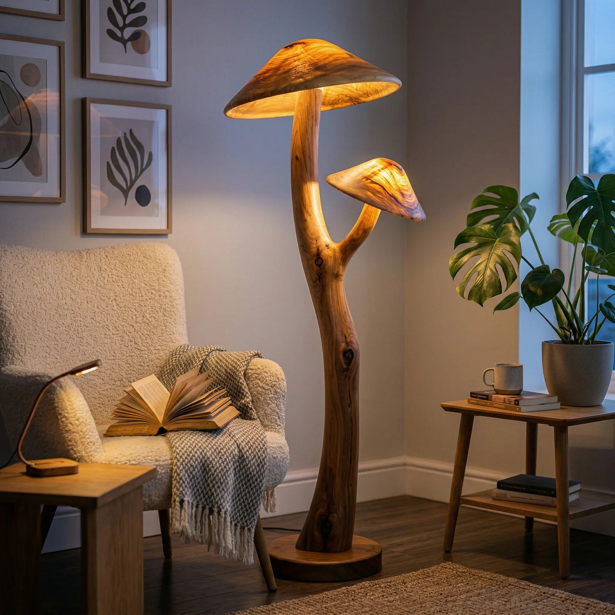Doppelte Pilz-Stehlampe mit leuchtenden Holzhüten auf skulptiertem Aststiel und Nussbaumfuß in einem gemütlichen Wohnzimmer