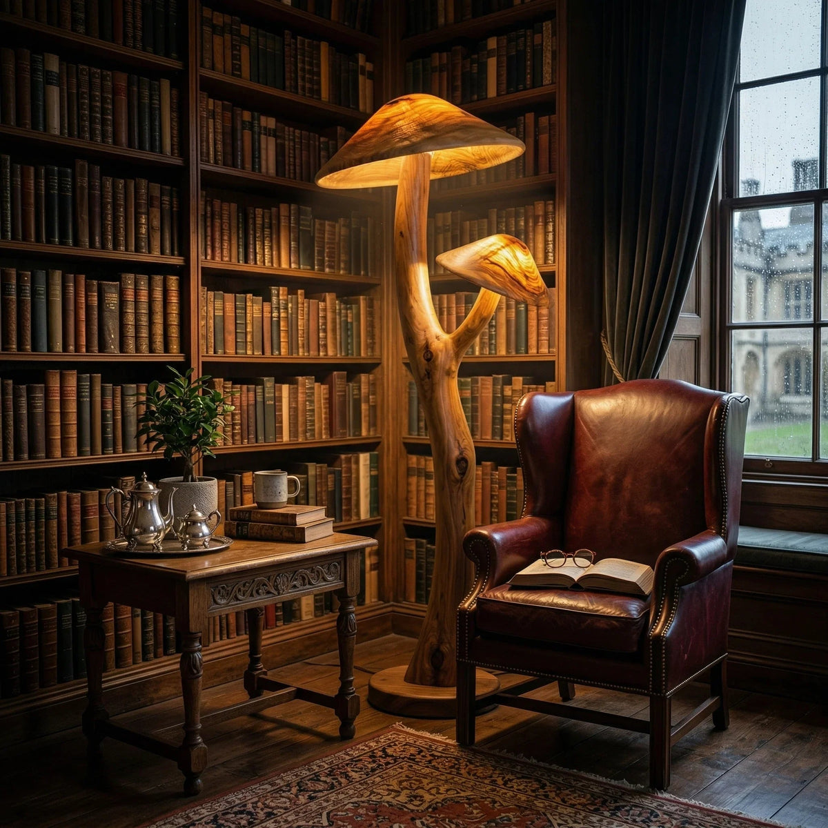 Pilzförmige Holz-Stehlampe mit leuchtenden Hüten neben einem Ledersessel in einer gemütlichen Bibliothek