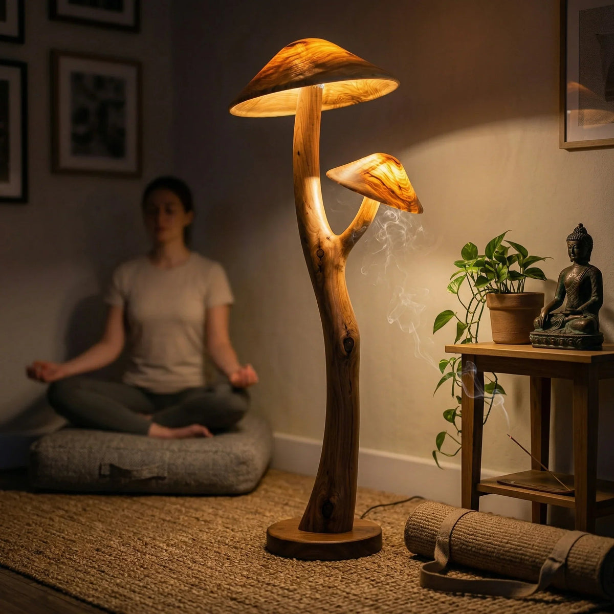 Doppelte Pilz-Stehlampe mit leuchtenden Holzhüten auf skulptiertem Astfuß in einem gemütlichen Meditationsraum.