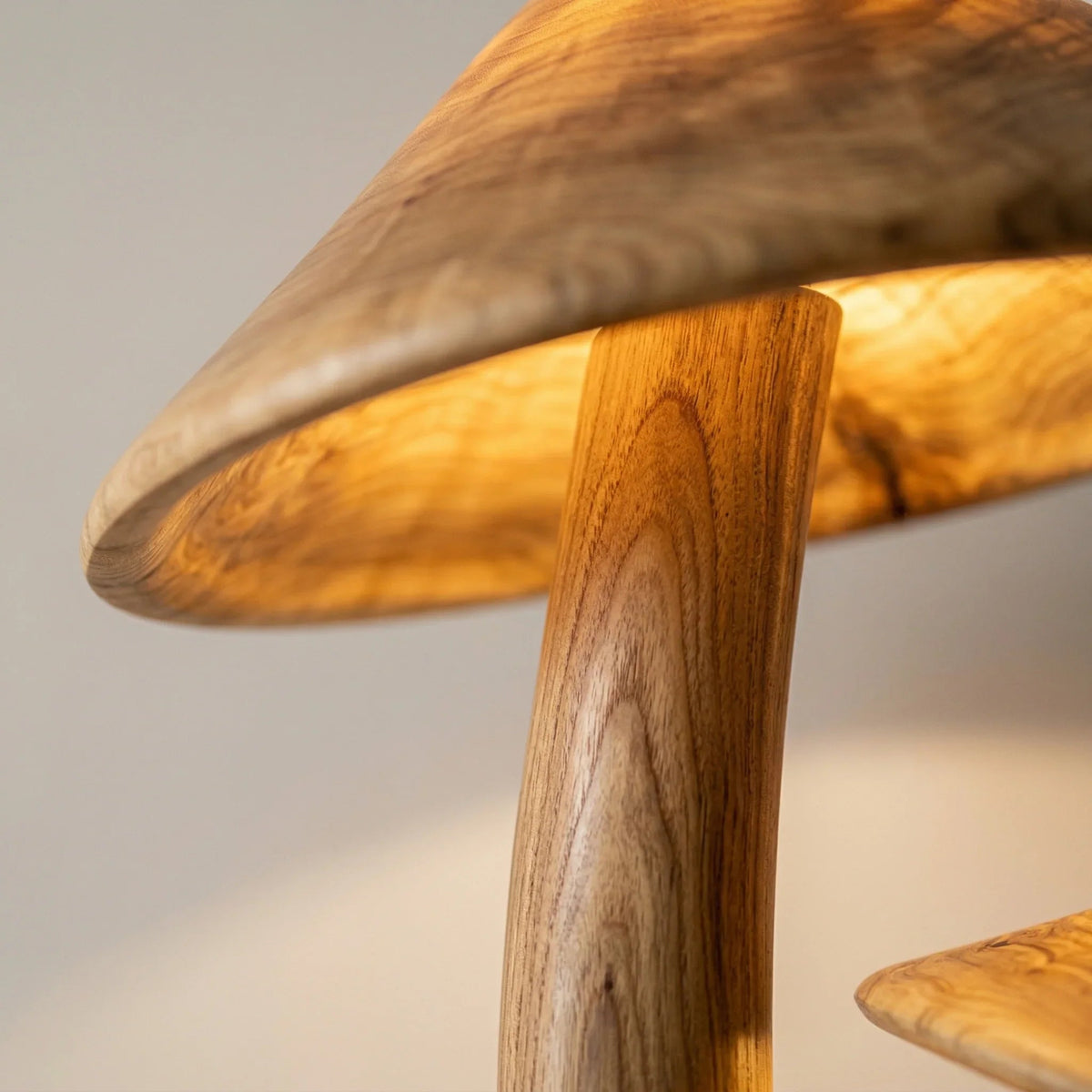 Nahaufnahme einer leuchtenden Pilz-Stehlampe aus Holz mit skulptiertem Aststiel