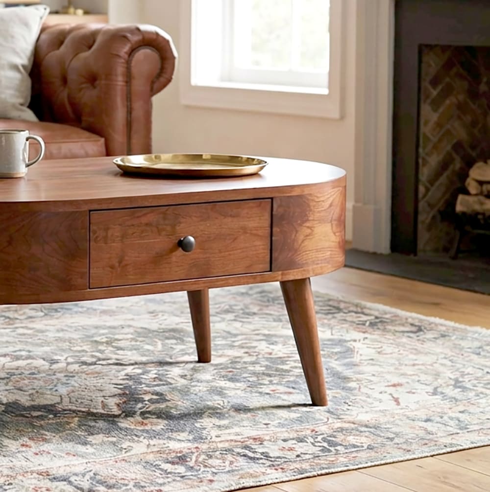 Couchtisch im Japandi-Stil aus Massivholz mit skulpturalem geschwungenem Design und eingebautem Stauraum