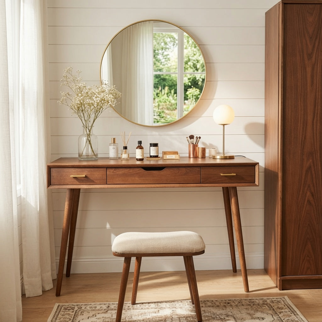 Eleganter Schminktisch aus Massivholz mit konischen Beinen in einem modernen Schlafzimmer