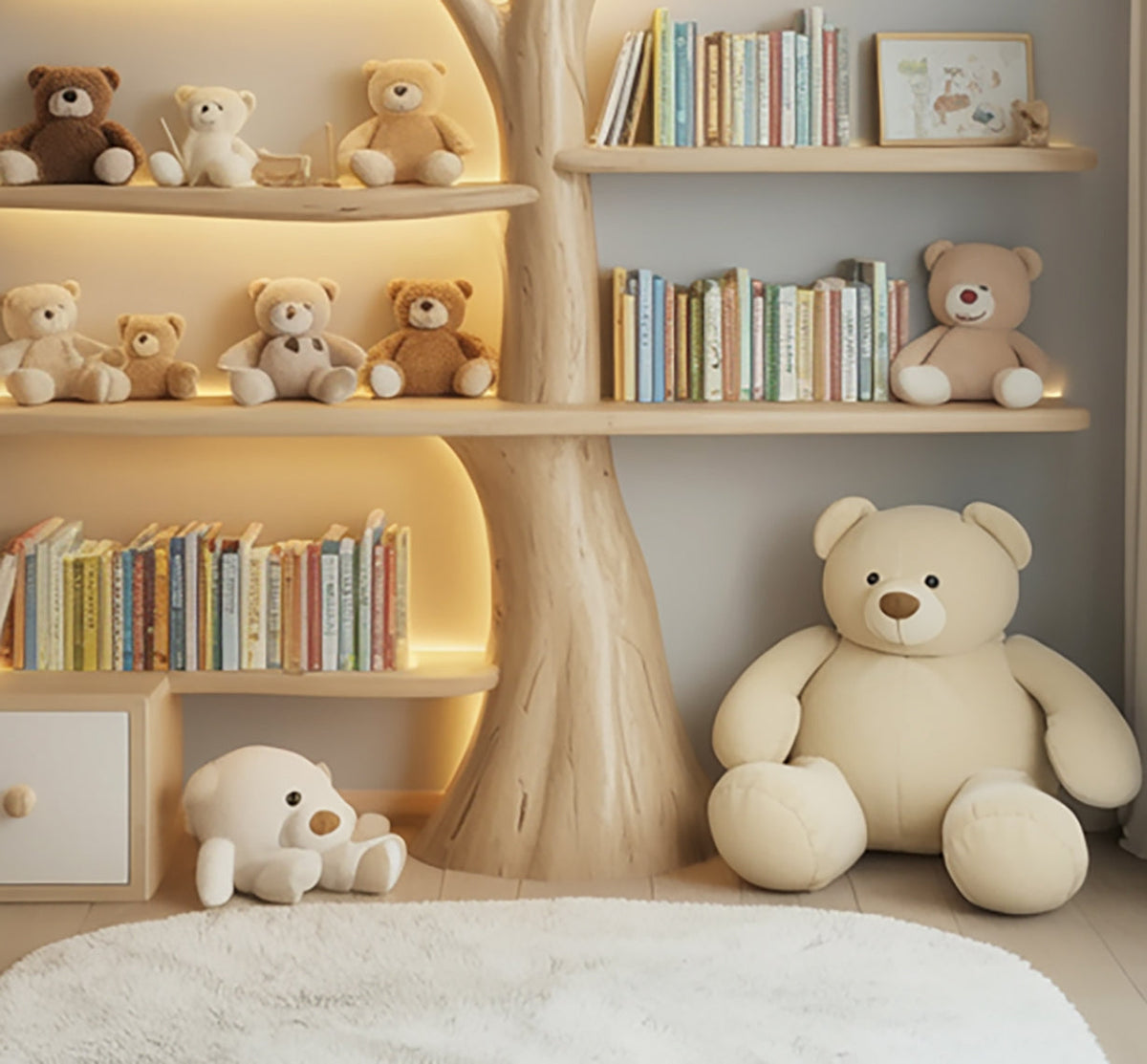 Holz-Baum-Bücherregal in einem Babyzimmer neben einem großen Teddybären