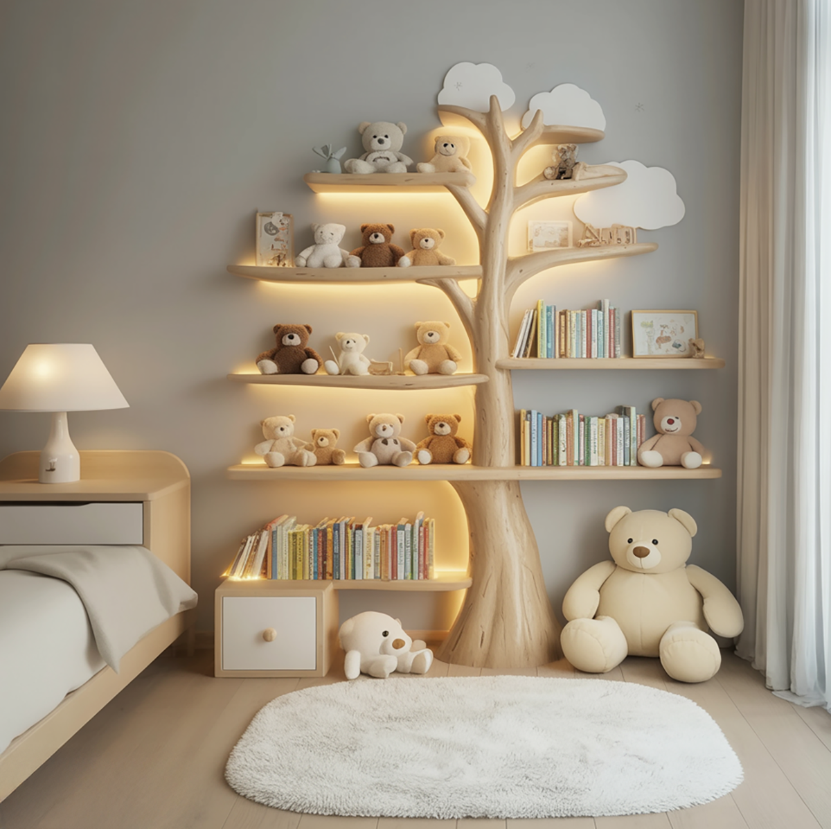 Verzaubertes Baum-Bücherregal als verträumtes Wanddekor für das Kinder-Babyzimmer