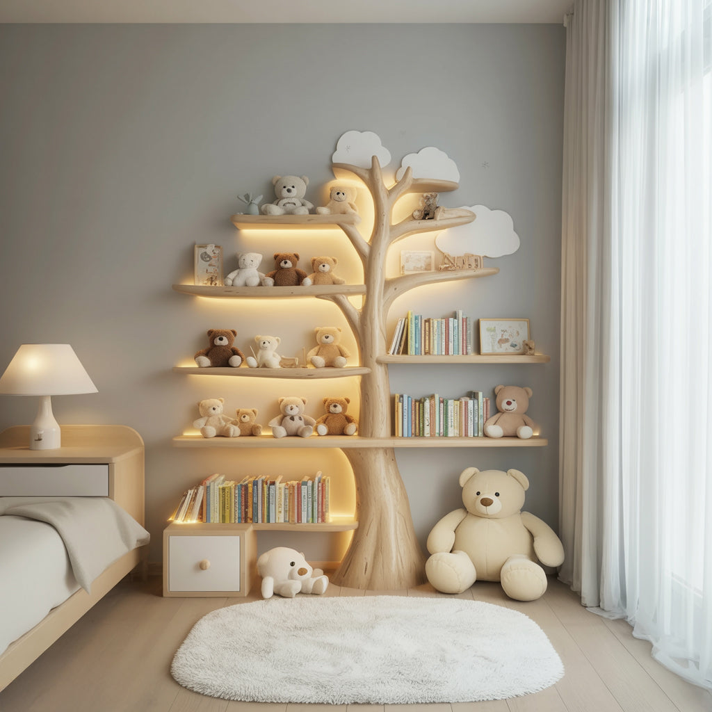 Kinder-Baum-Bücherregal, dekoriert mit Teddybären und Wolkenformen in einem Schlafzimmer