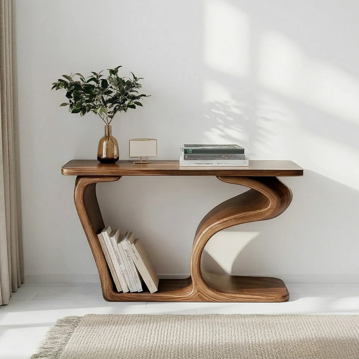 Moderne minimalistische Holzkonsole für die Leseecke mit Bücherstauraum
