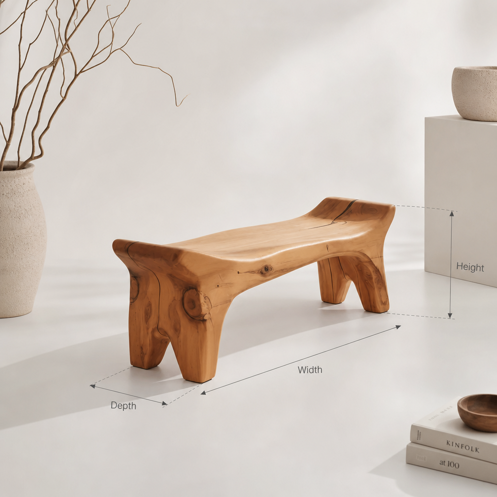 Individuelle handgemachte Eingangsbank aus Holz, abgestimmt auf minimalistisches Wohndekor