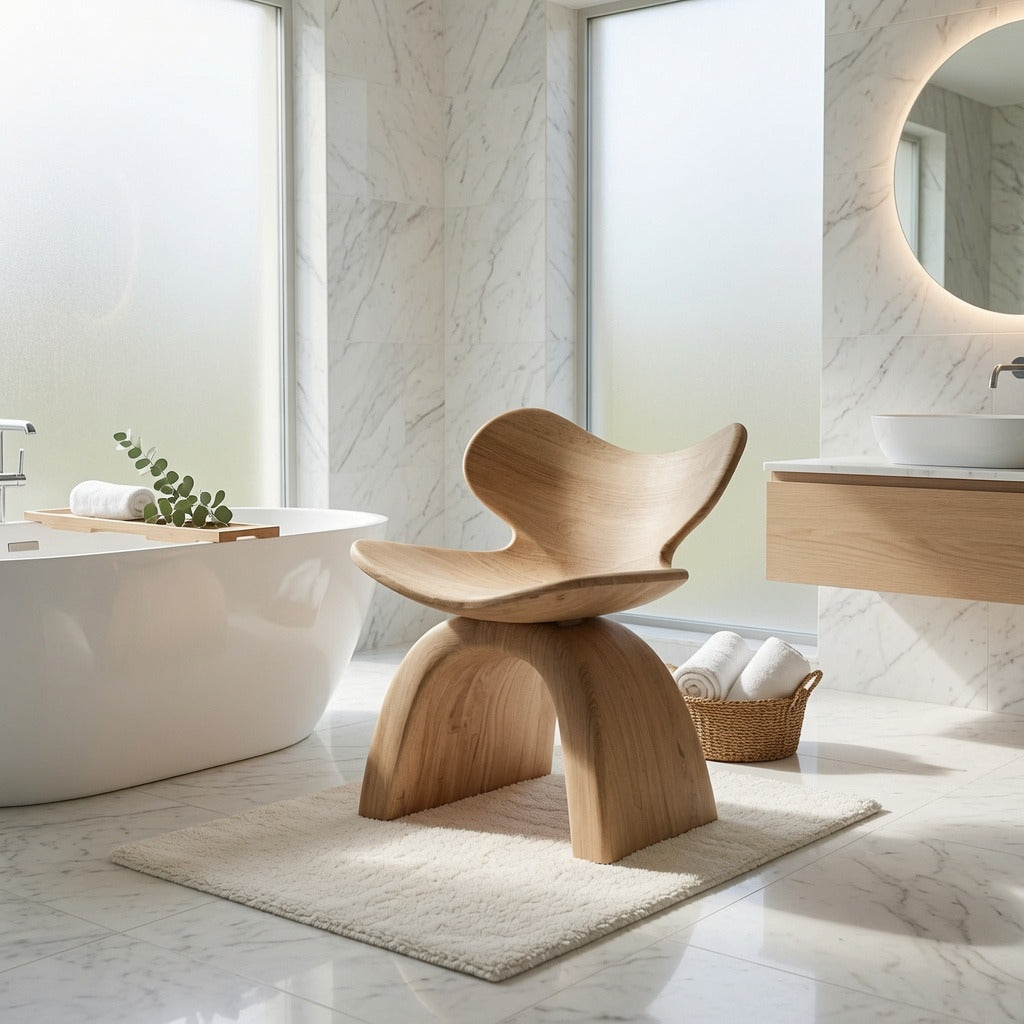 Ergonomischer Baumkanten-Duschhocker aus Massivholz in einem modernen Badezimmer