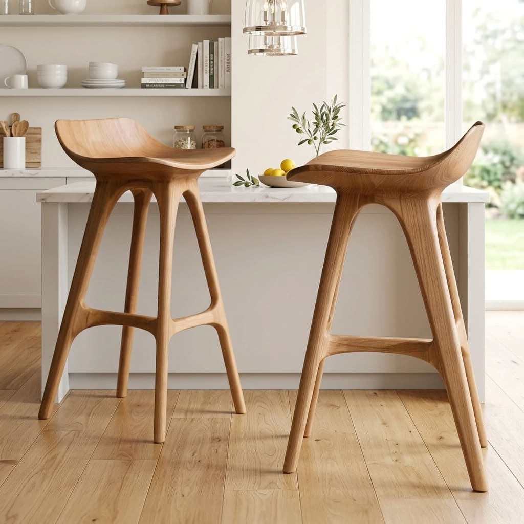 Organischer Holz-Barhocker im skulpturalen geschwungenen Design