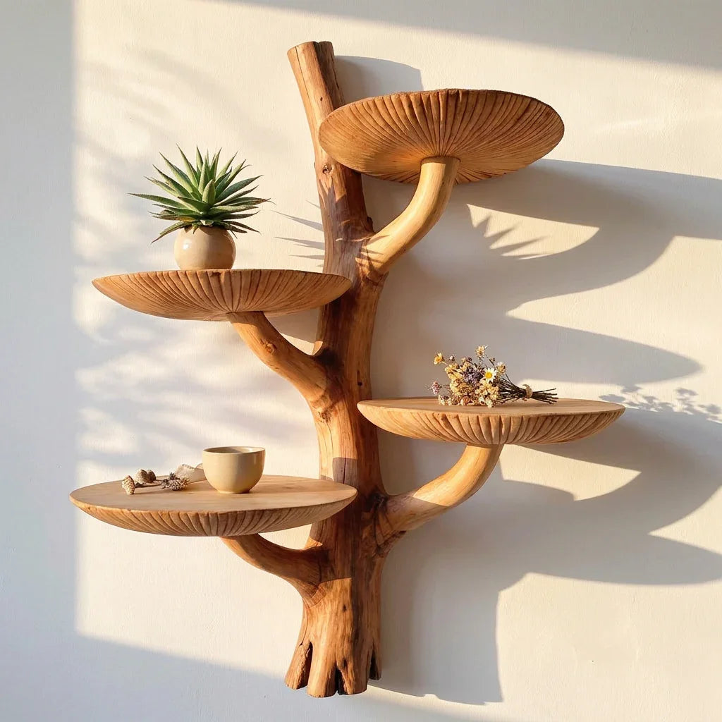 Pilz-Baumregal zur Wandmontage mit Wurzelfuß und 4 gewölbten Hüten – Handgefertigtes zweifarbiges Schwebregal aus Massivholz für Wohnzimmer, Schlafzimmer, Eingangsbereich – Ashdeco 2026