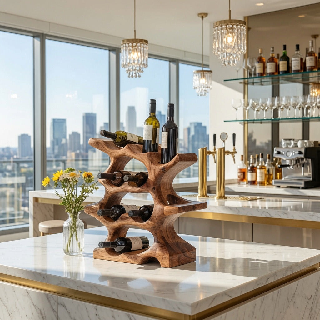 Handgefertigtes Wand-Weinregal aus Holz mit Flaschen in einem modernen Esszimmer