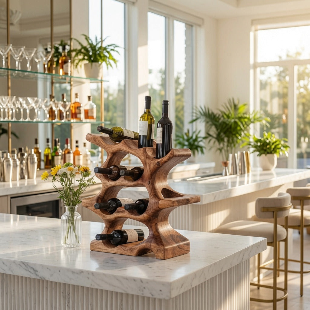 Handwerkliches Holz-Weinregal, das Flaschen und Deko in einem gemütlichen Esszimmer ordnet