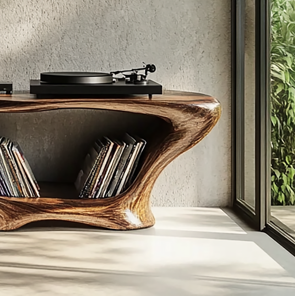 Einzigartiger Plattenspielertisch aus Massivholz mit organischen geschwungenen Formen und eingebauten Vinyl-Fächern