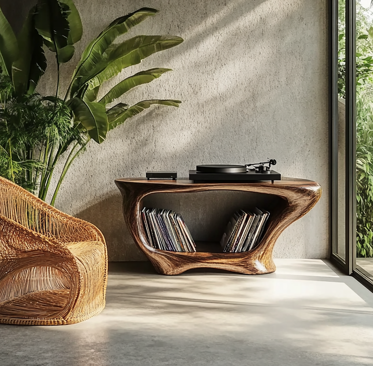 Skulpturaler Plattenschrank aus Massivholz mit modernem Plattenspieler und ausgewählter Vinyl-Sammlung