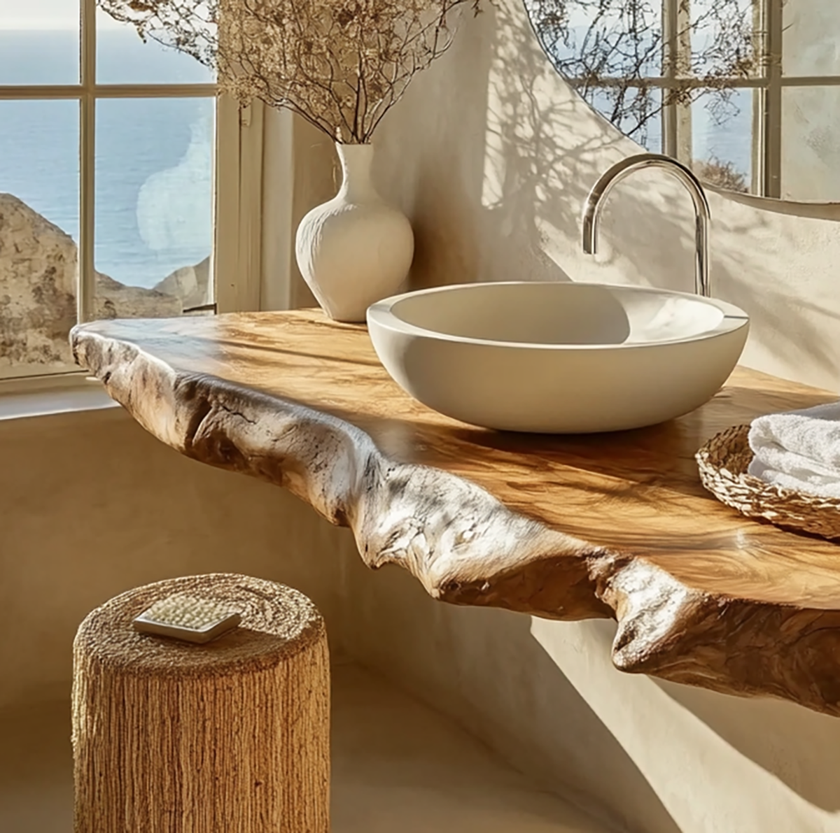 Wandmontierter Waschtisch mit natürlichem Baumkanten-Holz