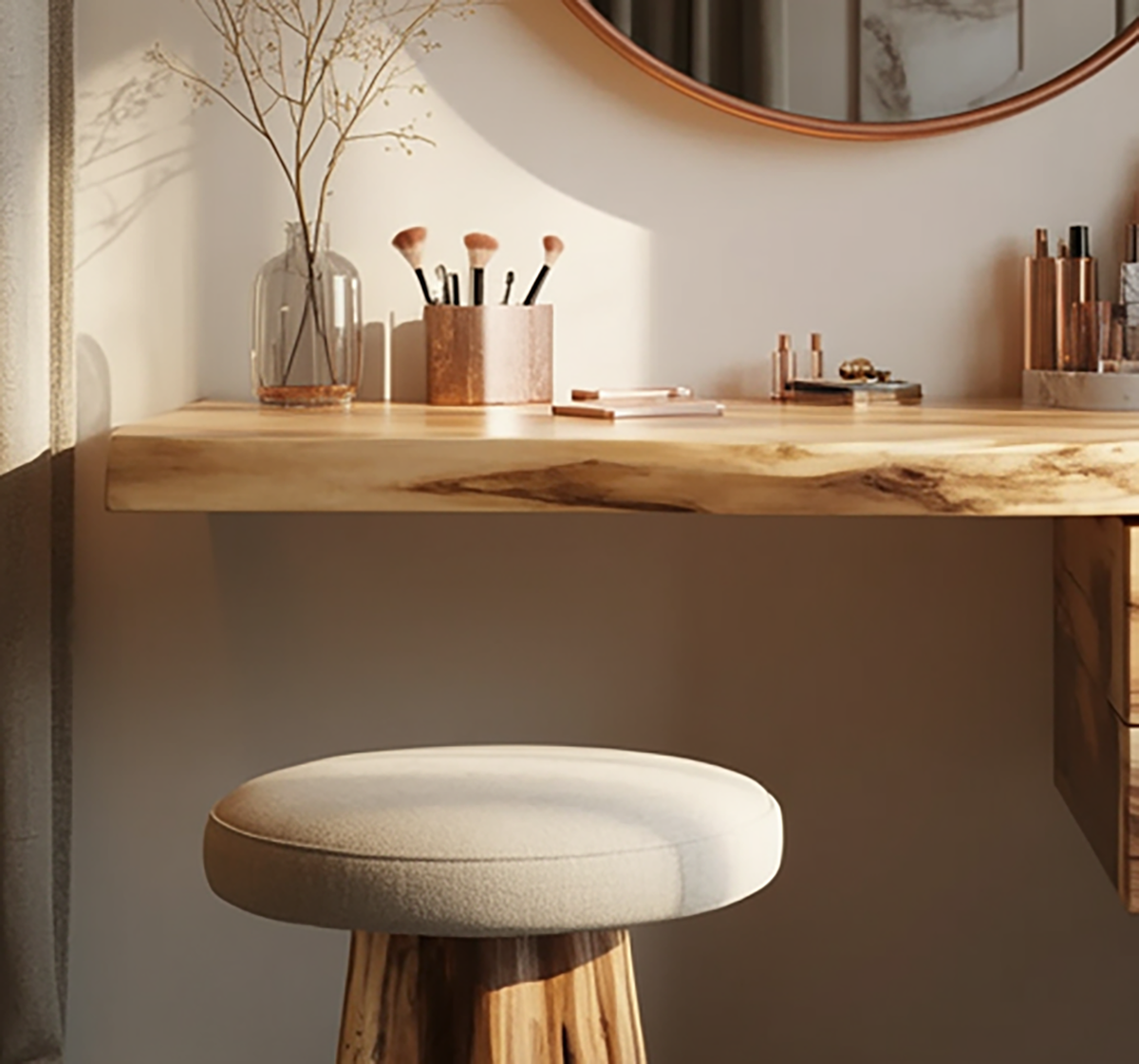 Handgefertigter wandmontierter Holz-Schminktisch fürs Schlafzimmer
